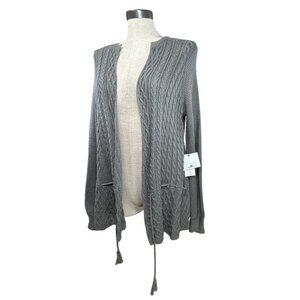 O'NEILL Donnie Cardi Sweater M Grey Open Front Waist Tie Cable Knit Cotton Blend